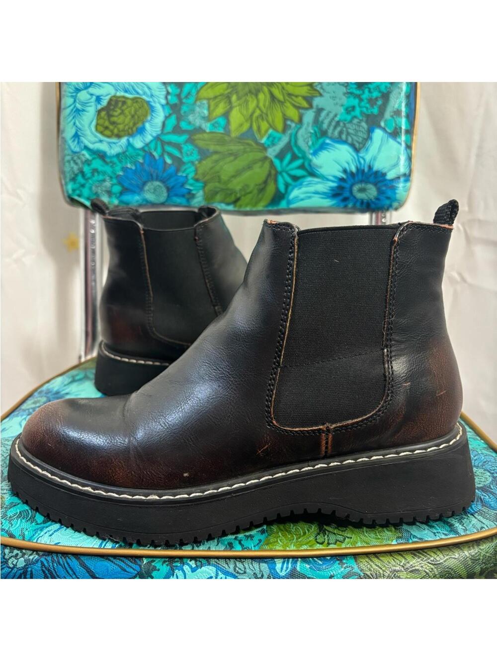 Madden‎ Girl Kween Chunky Chelsea Ankle Boots Brown+Black Women’s Size 6.5 - Picture 5 of 14